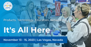 Promotional banner for the International PSP/Deck Expo 2023 in Las Vegas with attendees at exhibits and the tagline 'It's All Here'.