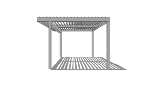 Graphical illustration of a smart pergola with louvers fully open, inviting full sunlight into the outdoor living space.