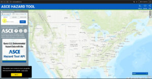 Screenshot of the ASCE Hazard Tool website showing a map of the United States with an input field for entering addresses to find hazard data, including snow and wind loads.