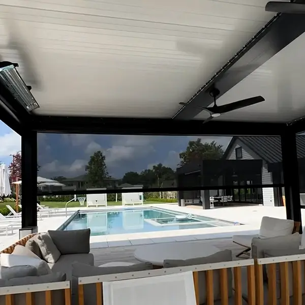 Poolside pergola providing shade over a lounge area.