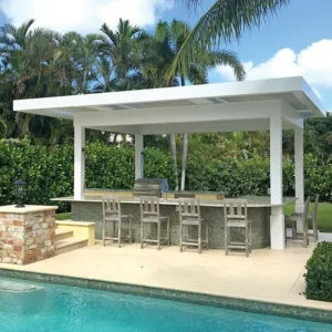 Pergola providing shade over a poolside outdoor kitchen and bar area.