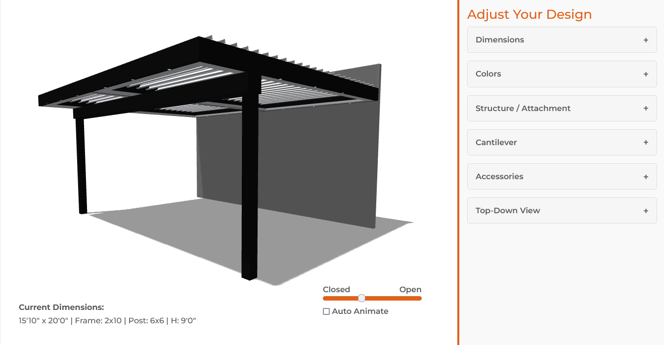 Interactive 3D louvered pergola visualizer showing real-time customizations.